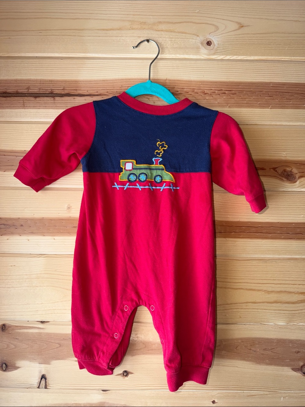 Red & Navy Train Appliqué Footed One-Piece for Kids